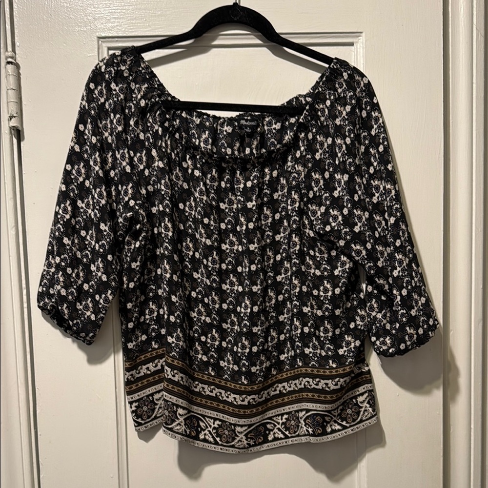 Madewell Black and White Puff Sleeve Smocked Blouse/off the shoulder